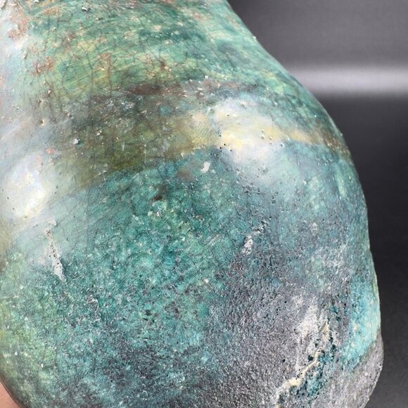 Vintage Raku Studio Art Pottery Vase Bowl Wavy Star Top Green Shiny Glaze Signed - Picture 9 of 14